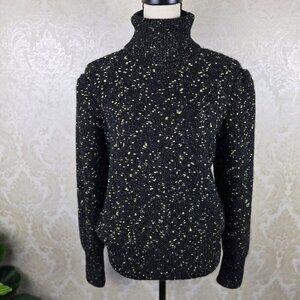 Ann Taylor Size Medium Black Metallic Gold Knit Turtleneck Sweater Puff Shoulder